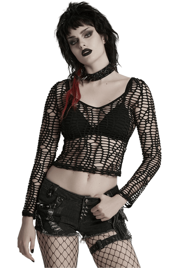 Edgy Mesh Punk Top with Bold Deep-V Cut-Out Design